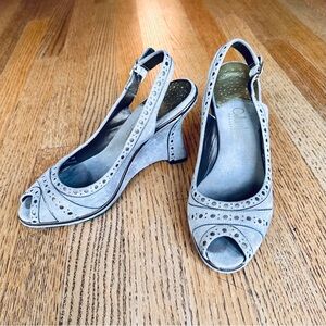 Cole Haan Nike Air Perforated Peep Toe Slingback Taupe Suede Wedge Heels, Size 8